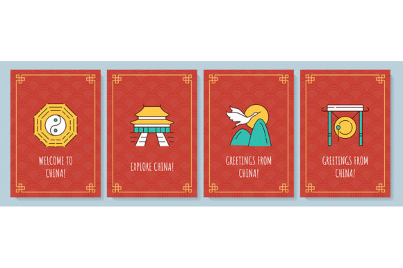 China Greeting Card with Color Icons: A Vibrant Graphic Template for Creative Projects